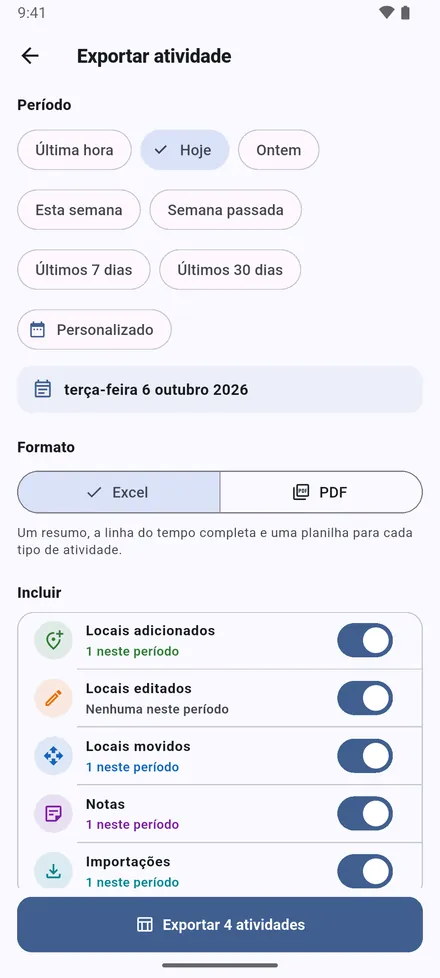 Toque em Relatório na tela inicial. Escolha o período, da última hora aos últimos 30 dias ou datas suas, e Excel ou PDF.