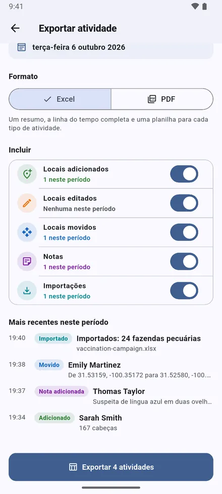 Escolha o que incluir. As entradas mais recentes aparecem antes de exportar.