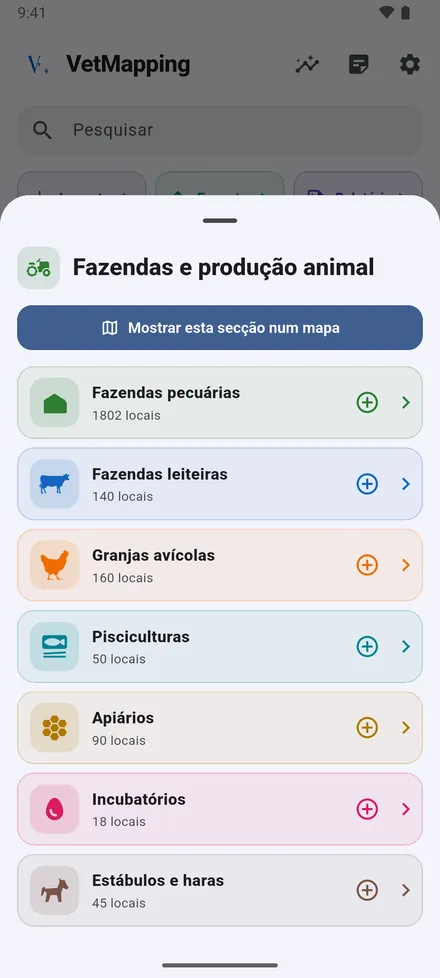 Toque numa seção para ver seus tipos de local e quantos você tem de cada. Toque num tipo para abrir o mapa dele, ou no + para adicionar um local desse tipo.