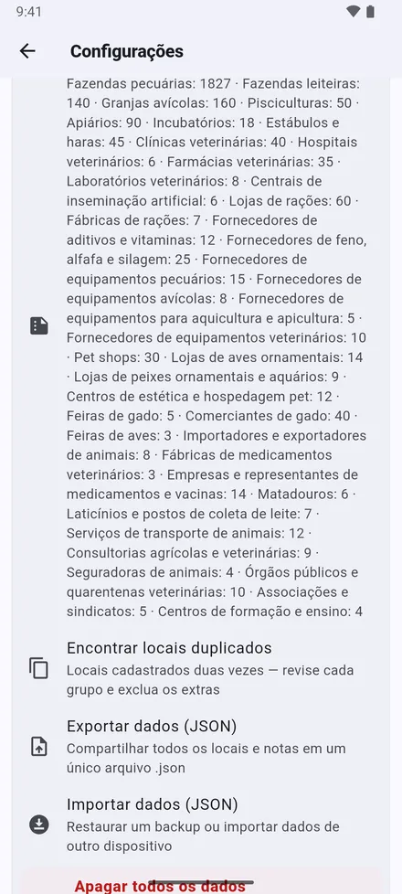 Seus dados: Encontrar locais duplicados, Exportar dados (JSON), Importar dados (JSON) e Apagar todos os dados.