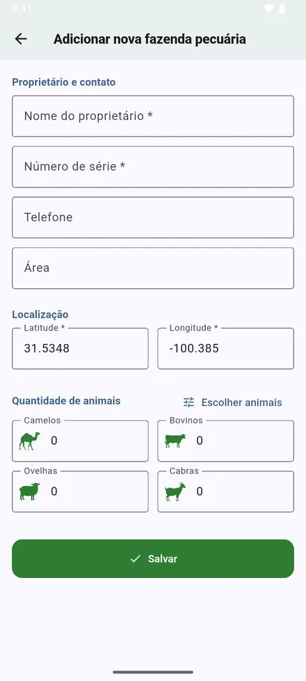 O formulário abre com as coordenadas preenchidas. Complete e toque em Salvar.