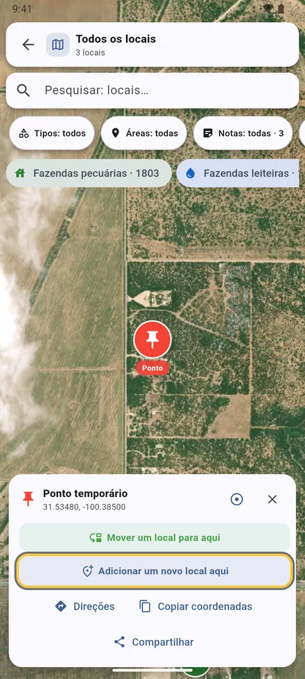 O VetMapping abre no ponto compartilhado, com os locais ao redor. Escolha Adicionar um novo local aqui, ou Mover um local para aqui se o local já está no VetMapping no lugar errado.