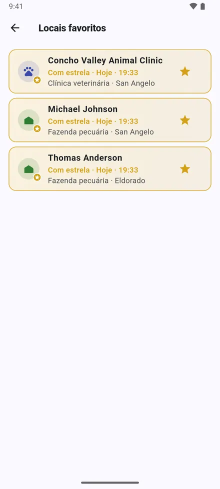 Locais favoritos: os locais marcados com estrela. No mapa, eles aparecem em dourado.