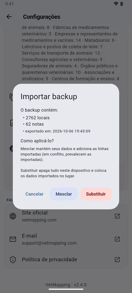 Exportar dados (JSON) guarda tudo num ficheiro; envie-o para si ou para um colega. Depois, Importar dados (JSON) pergunta: Mesclar com os dados que já existem, ou Substituir.