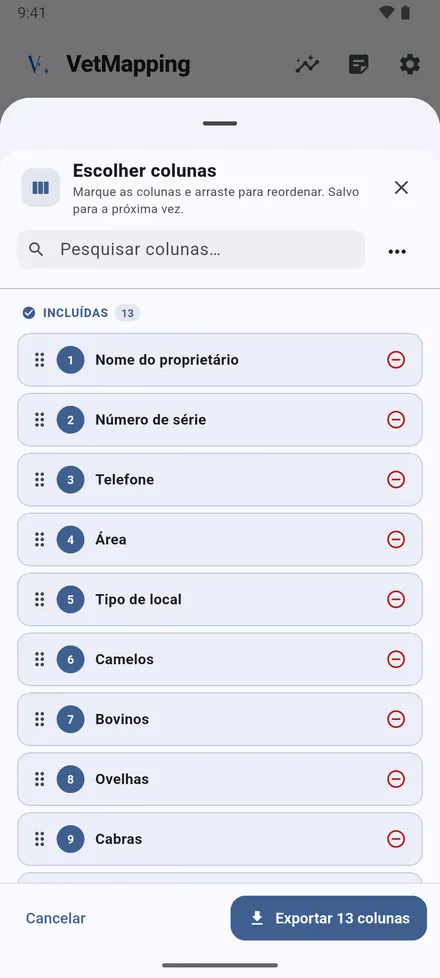 Toque em Exportar, escolha o tipo de local e depois as colunas. Arraste-as para a ordem que quiser; a escolha fica guardada.