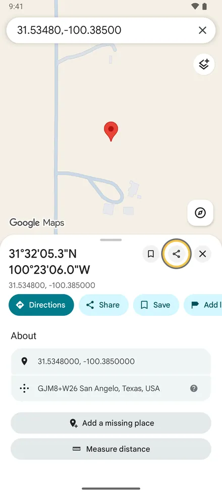 No Google Maps, abra o sítio ou toque sem soltar para largar um pino. Toque em Partilhar.