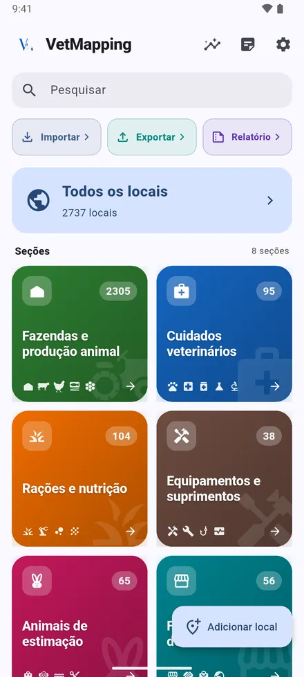 No topo: Estatísticas, Notas recentes e Configurações. Importar, Exportar e Relatório fazem entrar e sair os dados. Todos os locais abre um mapa com tudo, e as oito Seções abrem os próprios locais.