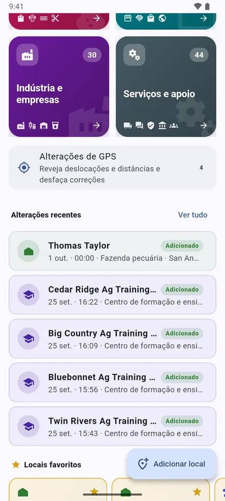 Por baixo das secções: Alterações de GPS e depois Alterações recentes: os últimos locais adicionados, movidos ou editados.