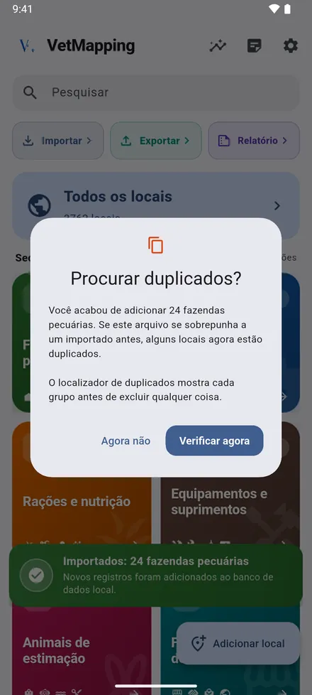 Se o ficheiro coincidir com outro importado antes, o VetMapping propõe procurar duplicados.