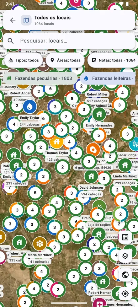 Todos os locais no ecrã inicial mostra todos os tipos de local juntos, cada um na sua cor.