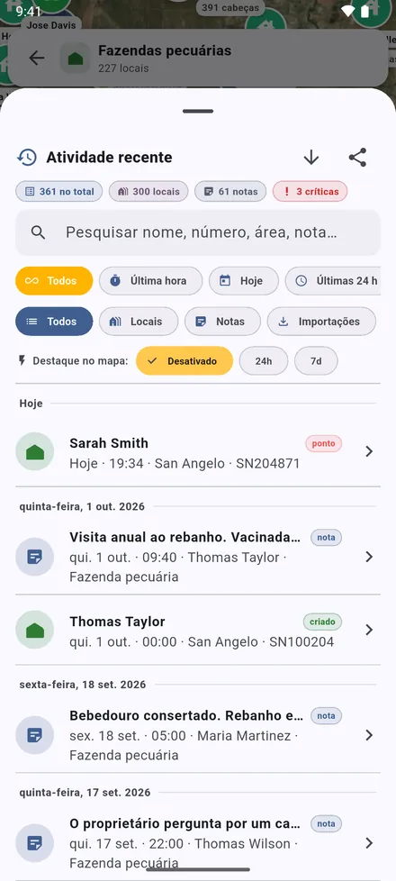 Atividade recente: o que foi adicionado, editado e anotado, dia a dia. Toque numa linha para ir até lá.