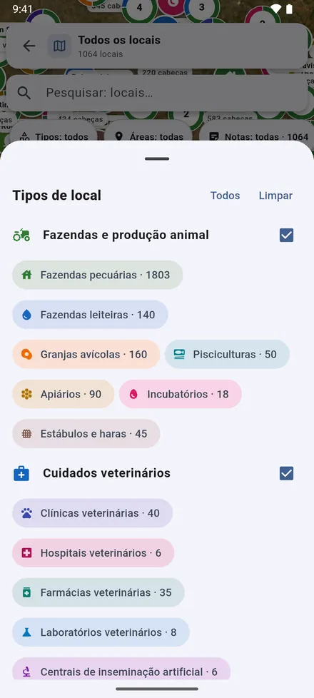 O filtro de tipos escolhe quais aparecem.
