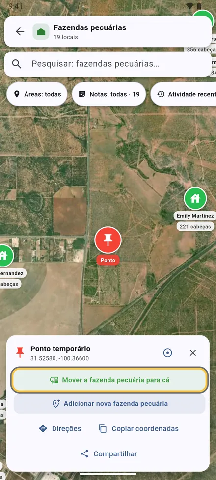 Toque sem soltar no mapa para largar um marcador. A partir dele: mover um local para aqui, Adicionar um novo local aqui, Direções, Copiar coordenadas ou Compartilhar. O botão do círculo traça um raio à volta.