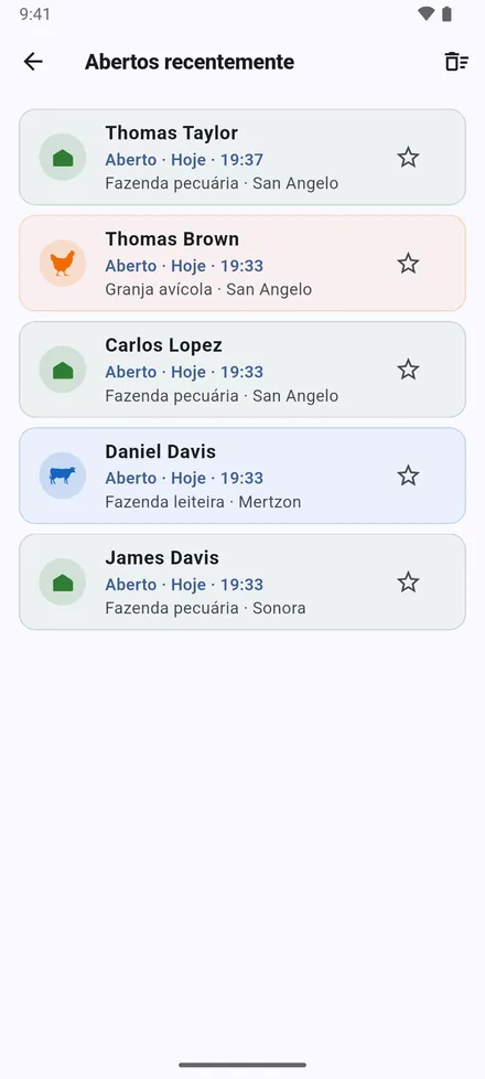 Abertos recentemente: os últimos 20 locais abertos, com data e hora.