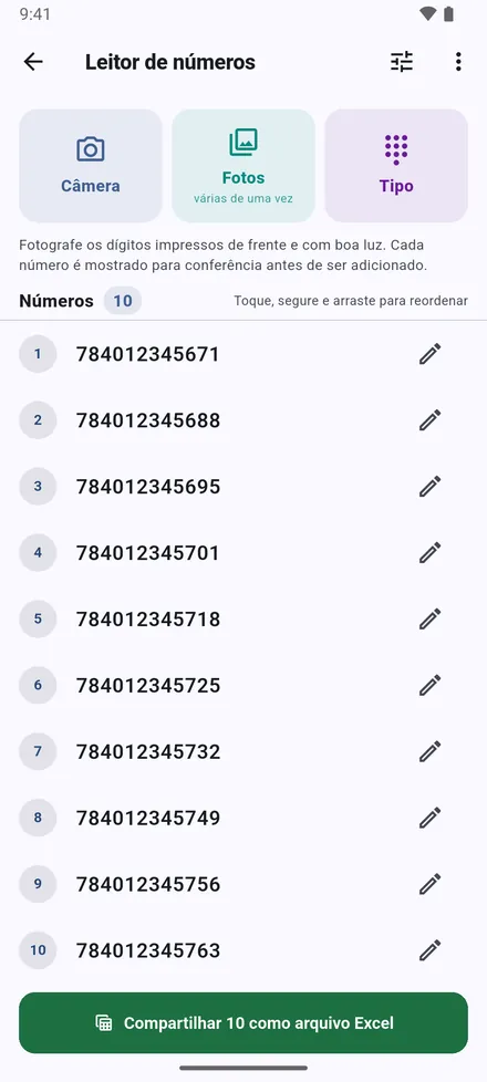 A lista pode ser reordenada, copiada ou partilhada como ficheiro do Excel.