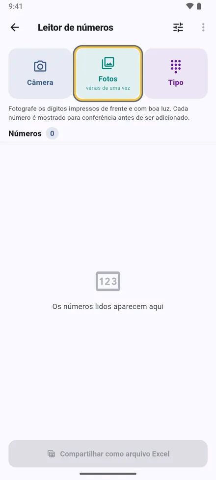 Configurações › Ler números com a câmera. Tire uma fotografia ou escolha várias de uma vez.