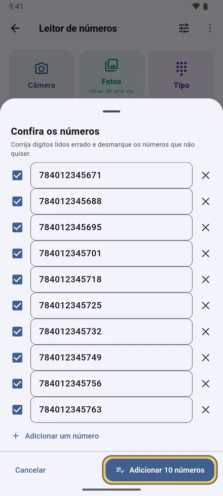 Verifique cada número: corrija um algarismo, desmarque o que não quiser, acrescente um que faltou. As leituras duvidosas e repetidas ficam assinaladas.