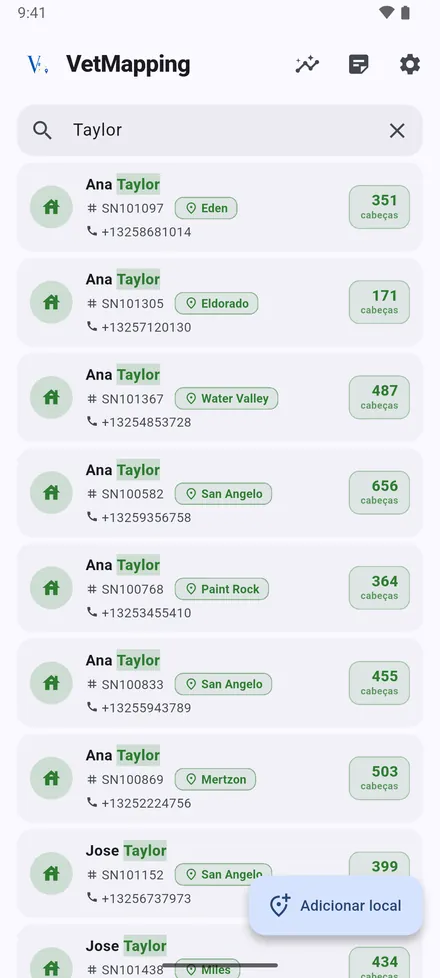 A pesquisa encontra qualquer local por proprietário, número de série, telefone, zona ou nota. Toque num resultado para o abrir no mapa.