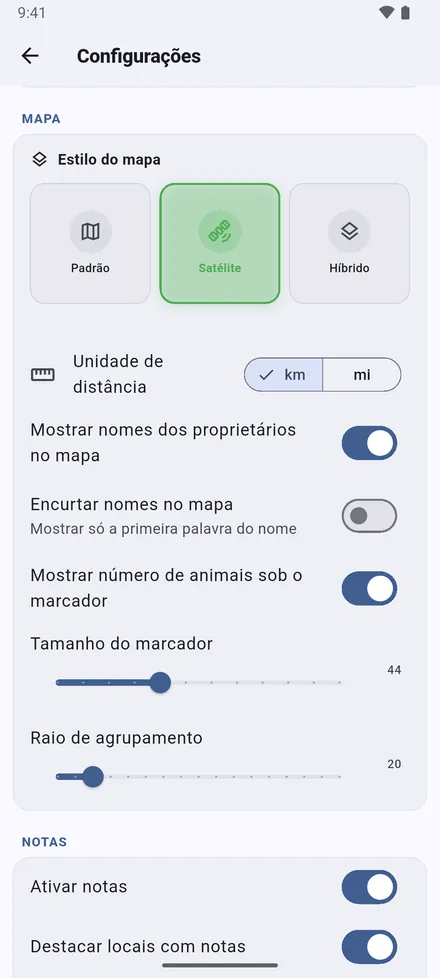 O mapa: Estilo do mapa, km ou milhas, nomes dos proprietários completos ou só o primeiro nome, cabeças por baixo dos pinos, tamanho dos pinos e o quanto os locais próximos se agrupam num círculo.
