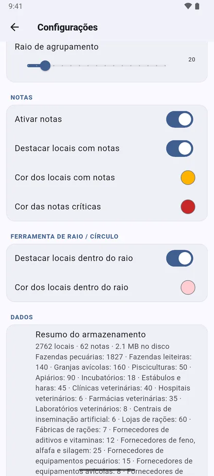 Notas: colorir os locais com notas, nas cores que escolher para notas normais e críticas; a cor dos locais dentro de um raio; e um resumo de tudo o que está guardado.