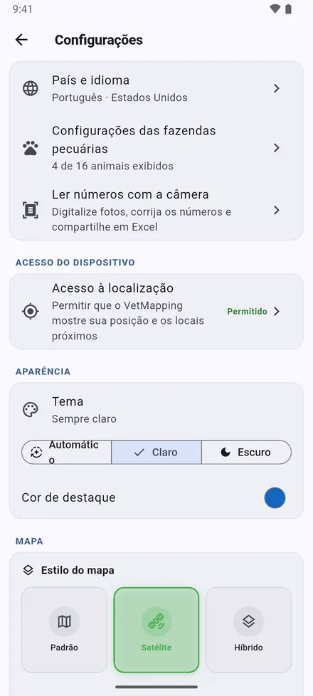 País e idioma, Configurações das fazendas pecuárias, Ler números com a câmera e acesso à localização. Depois o aspeto: Tema e cor de destaque.
