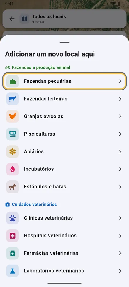 Para adicionar, escolha o tipo de local.