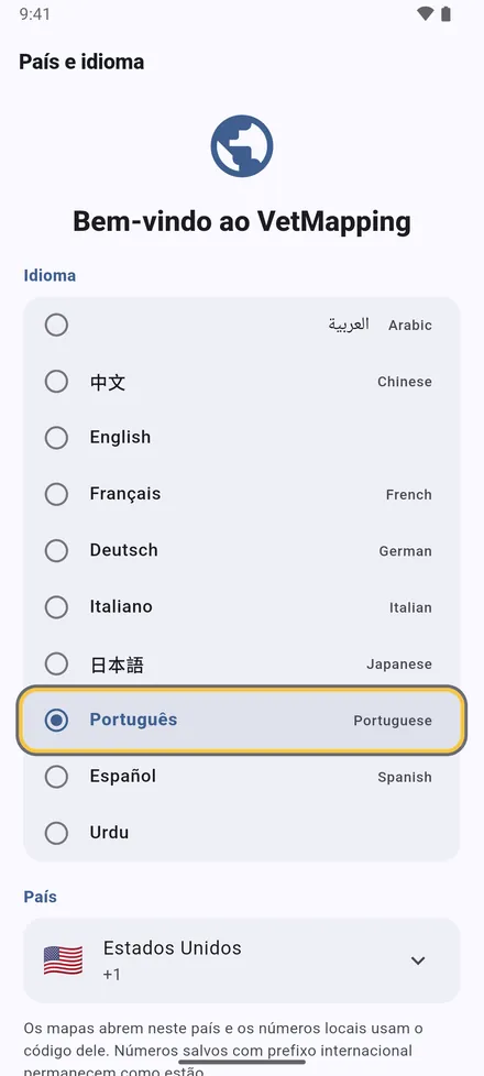 Escolha o idioma e o país e toque em Continuar. Os mapas abrem no seu país e os telefones usam o indicativo dele.