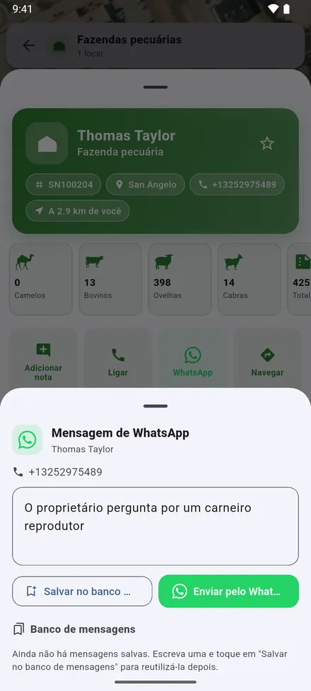 WhatsApp escreve ao proprietário. As mensagens que envia com frequência ficam no Banco de mensagens.