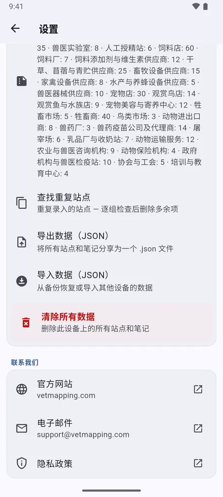 你的数据：查找重复站点、导出数据（JSON）、导入数据（JSON） 和 清除所有数据。