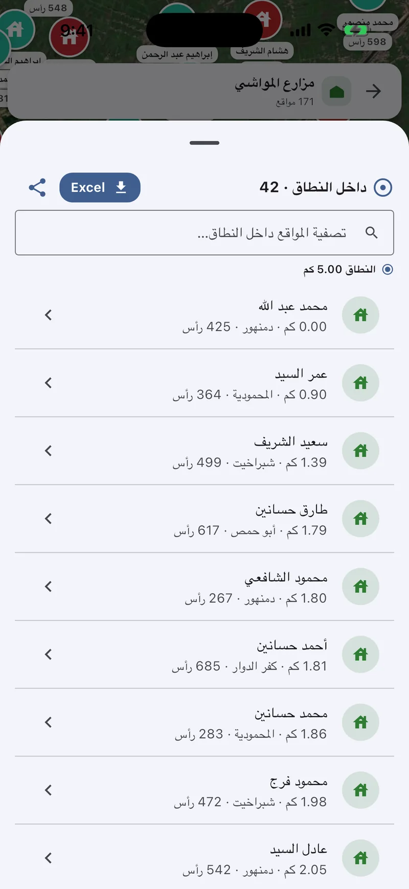 قائمة المزارع داخل النطاق، الأقرب أولًا