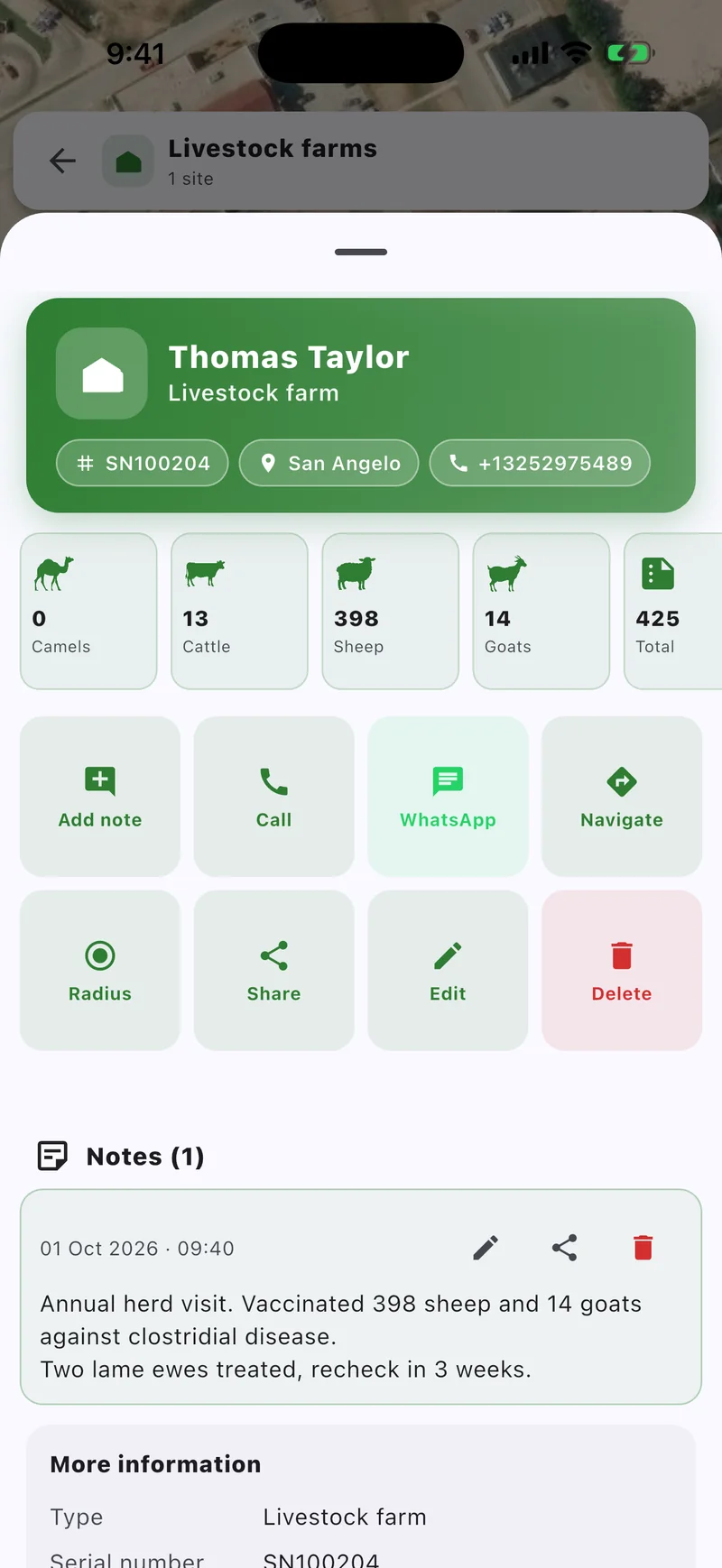 Farm record with head counts, actions and a visit note
