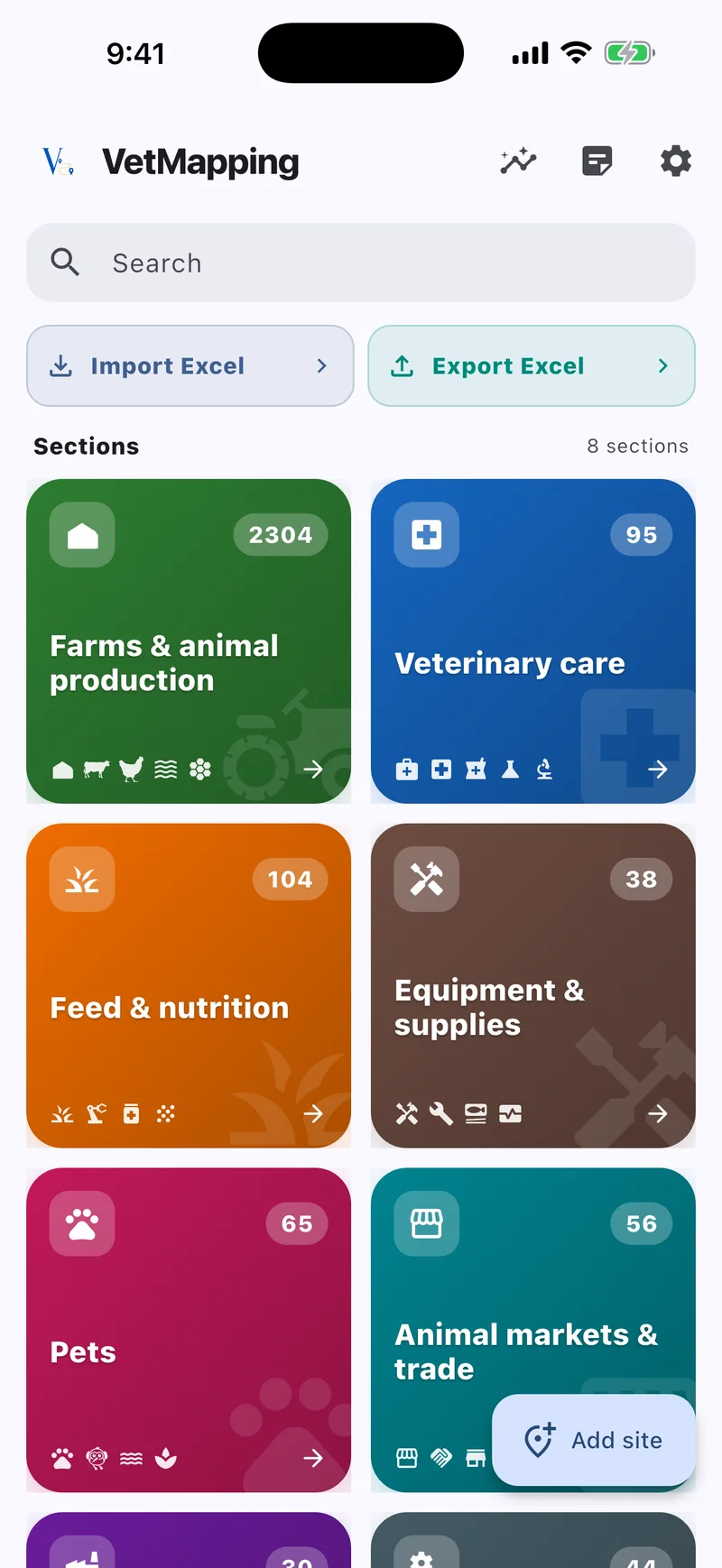 VetMapping home screen with Import Excel and Export Excel and the eight sections