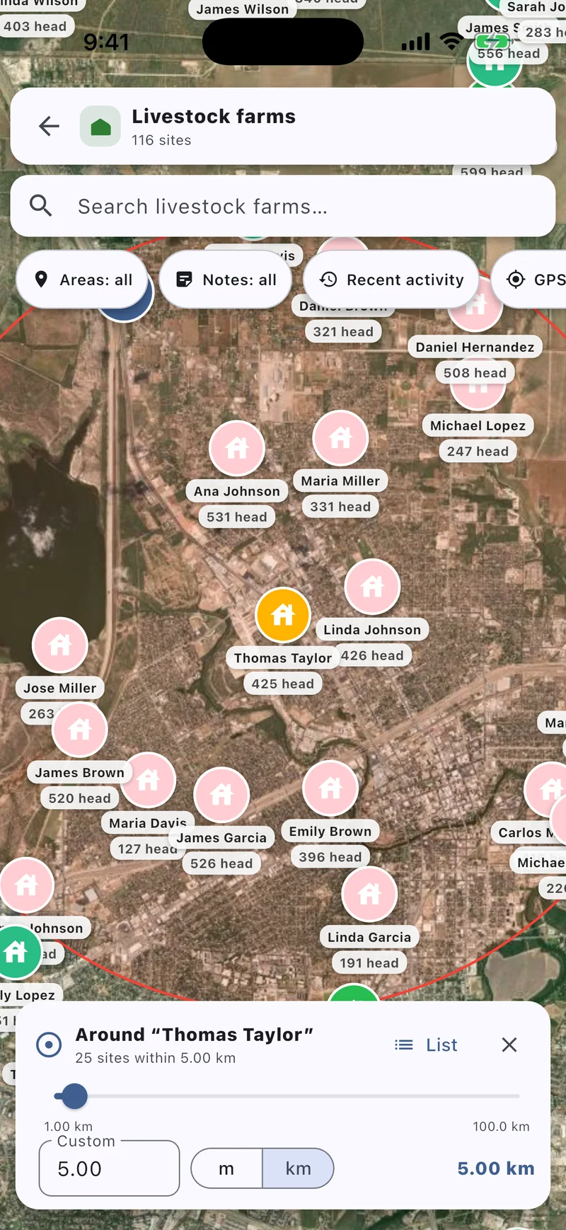 A 5 km radius around a farm on the map
