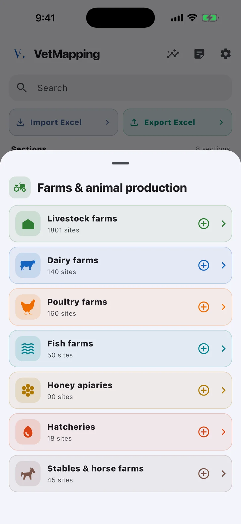 The Farms & animal production section in VetMapping: livestock, dairy, poultry, fish and bee farms with their counts